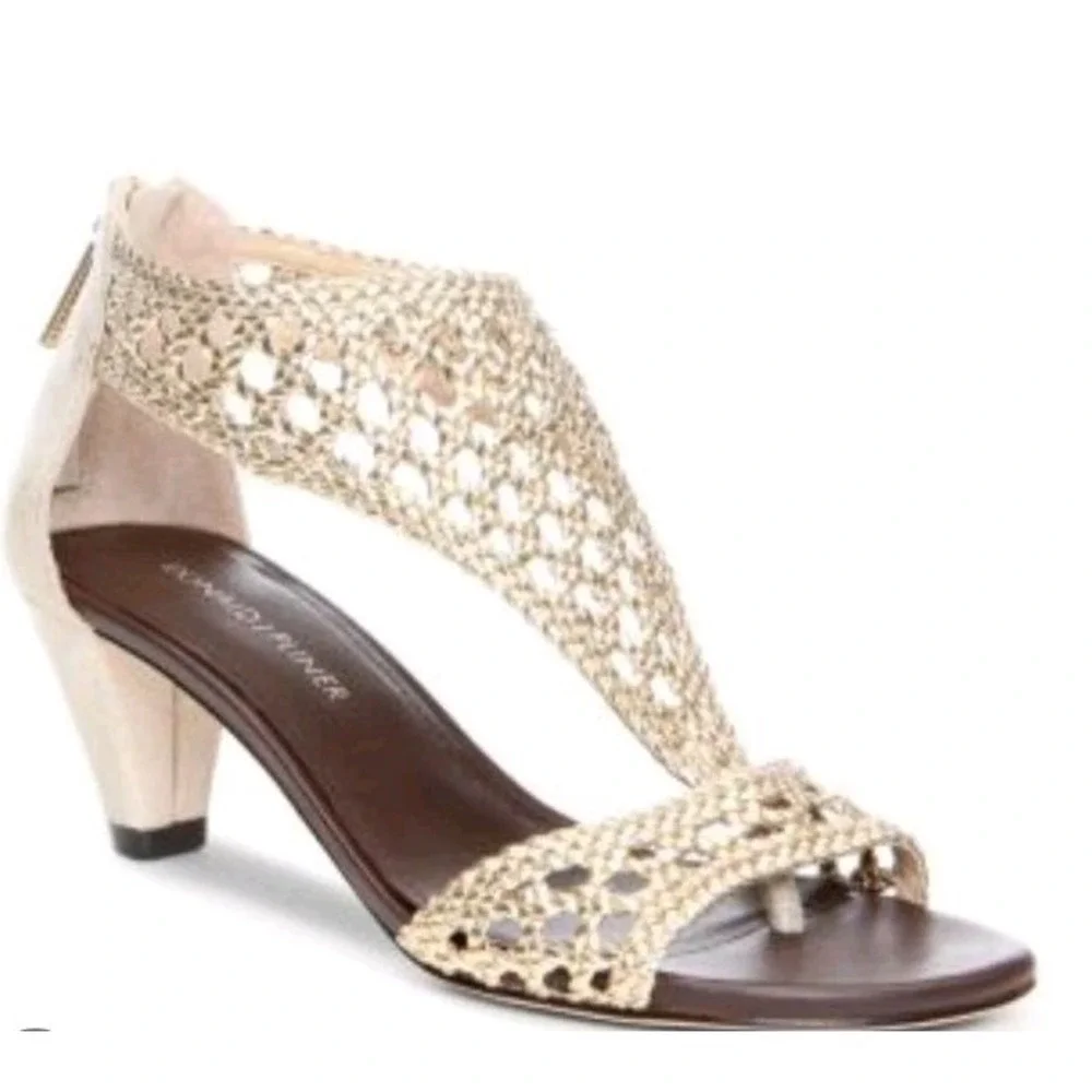 Donald J Pliner 9 'Verona' Metallic Gold Basket Weave Open Toe Mid Heel Shoe